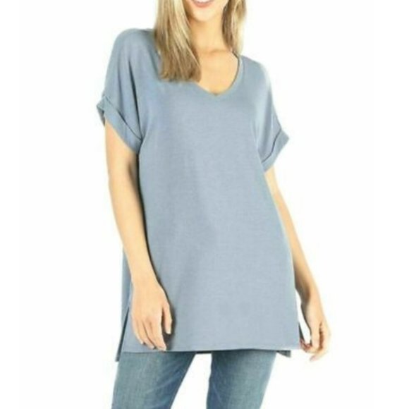 New ZENANA V-neck Rolled Cuff Sleeves Top - Picture 2 of 6